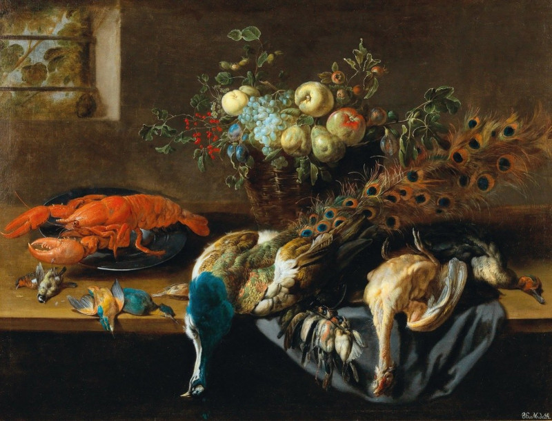 Adriaen van Utrecht reprodukcija A still life with a peacock, fruit, a lobster and bird, Natiurmortas , paveikslai, reprodukc...