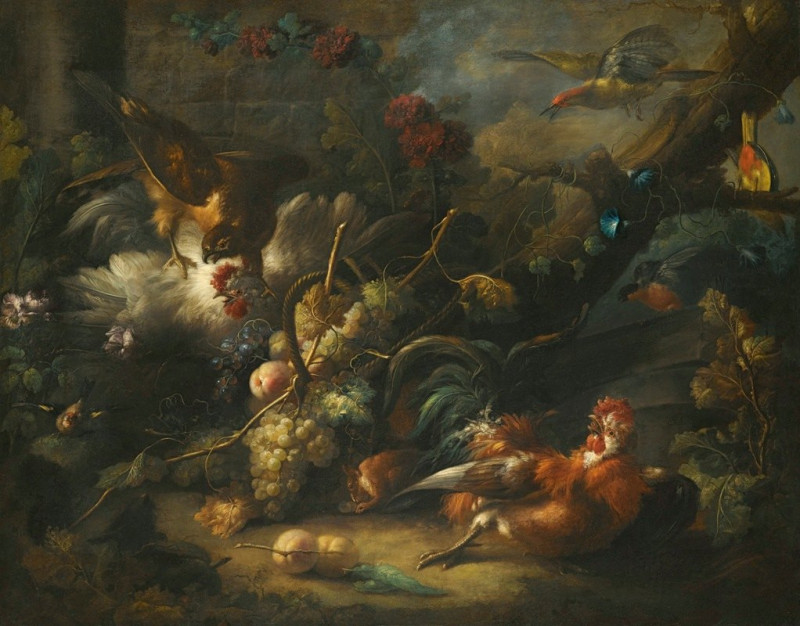 A Forest Floor Still Life With Poultry Attacked By A Hawk reproduction of painting by Johann Baptist Drechsler. Still-life