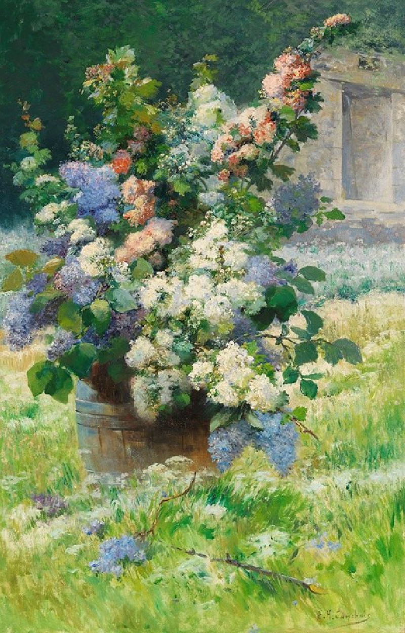 Eugène Henri Cauchois reprodukcija Lilac branches and hollyhocks (around 1900), VISOS REPRODUKCIJOS , paveikslai, reprodukcij...