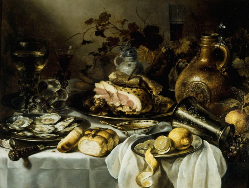 Still life with ham (1640-1649) reproduction of painting by Pieter Claesz. Still-life