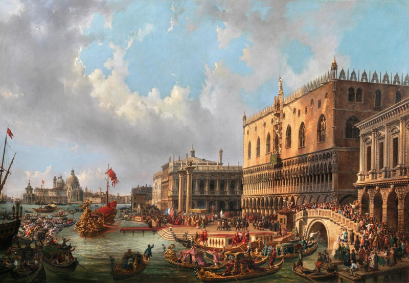 The Blessed Doge Francesco Morosini in 1693 leaves Venice to fight the Turks at the Peloponnese (1865) reproduction of painti...