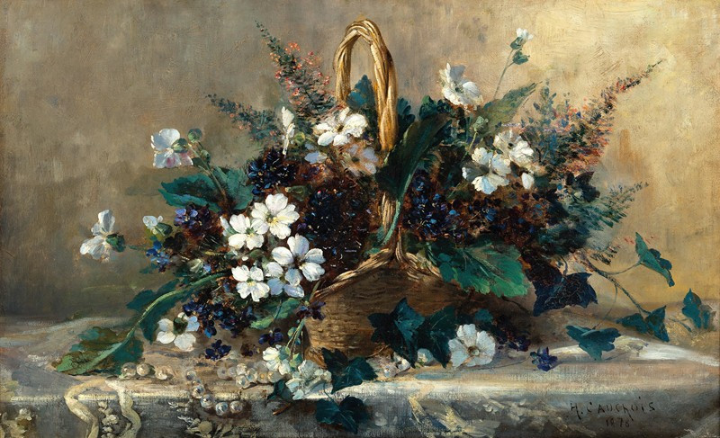 A Wicker Basket with Black Hellebore and Violets (1878) reproduction of painting by Eugène Henri Cauchois. ALL GICLEE PRINTS