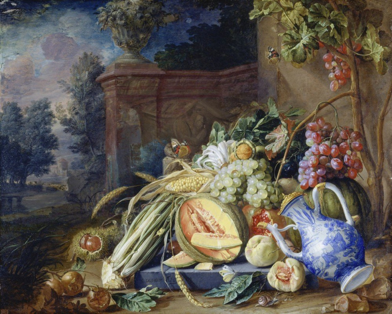 Still Life With Vegetables And Fruit Before A Garden Balustrade (1658) reproduction of painting by . Still-life