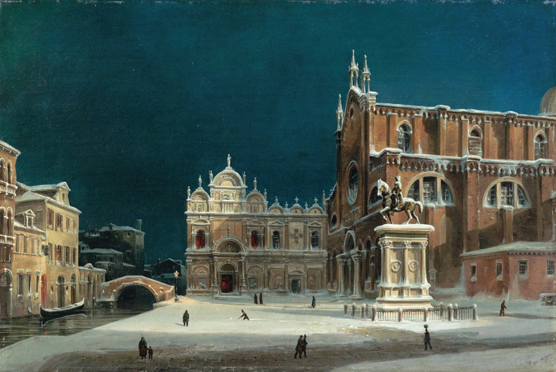 A noctural view of Campo dei Santi Giovanni e Paolo, Venice reproduction of painting by Luigi Querena. ALL GICLEE PRINTS