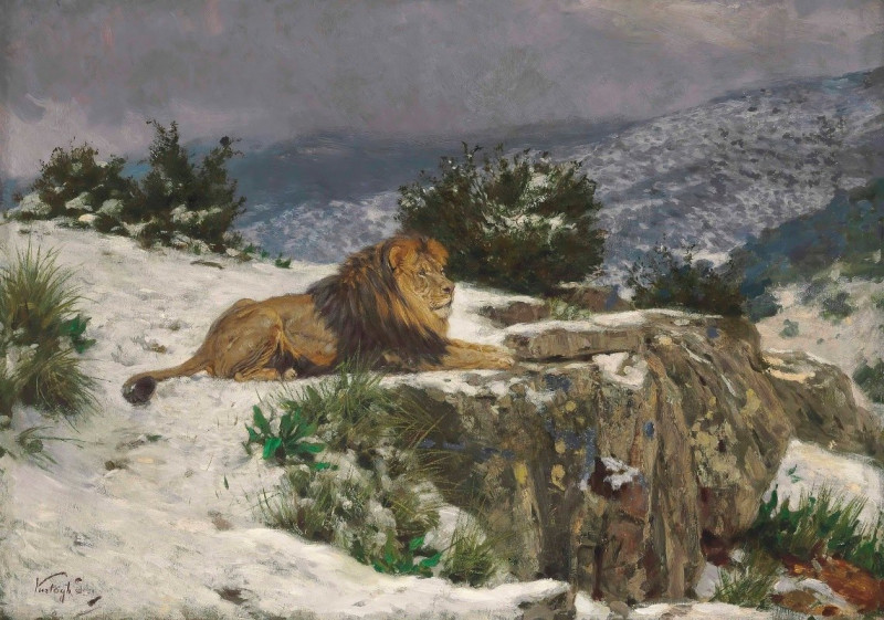 A Lion In The Snow reproduction of painting by Geza Vastagh. ALL GICLEE PRINTS