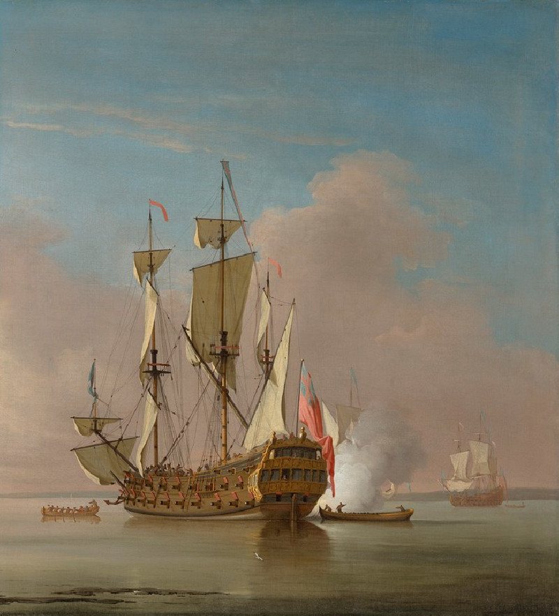 A Royal Navy 46-gun Man-o-war firing a salute in a calm sea reproduction of painting by Peter Monamy. ALL GICLEE PRINTS