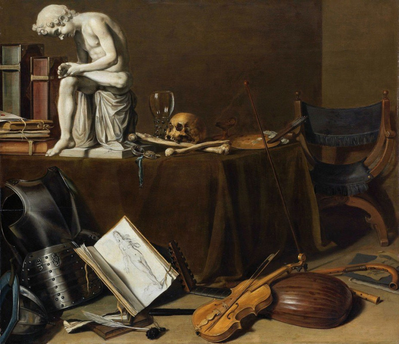 Pieter Claesz reprodukcija Vanitas Still Life with the Spinario (1628), Natiurmortas , paveikslai, reprodukcijos internetu