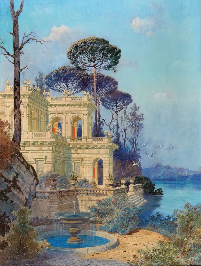 Villa, a Fountain by the Lake in the foreground reproduction of painting by Ferdinand Knab. ALL GICLEE PRINTS