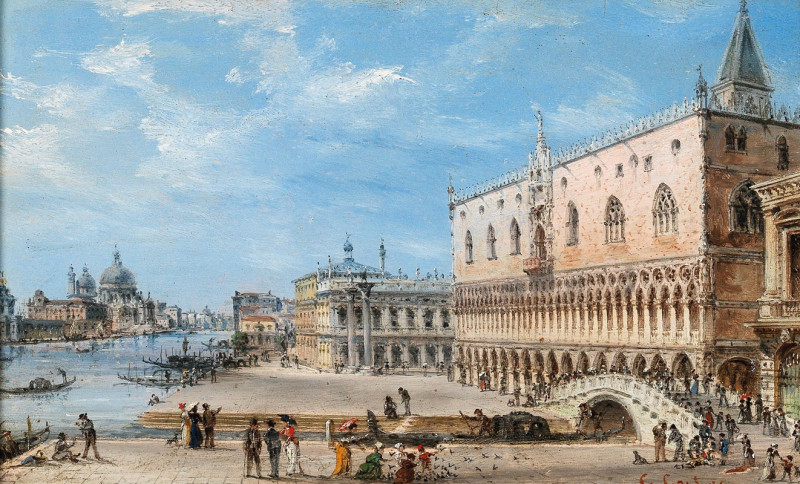 Venice, the Riva degli Schiavoni with the Palazzo Ducale and Santa Maria della Salute in the Background reproduction of paint...