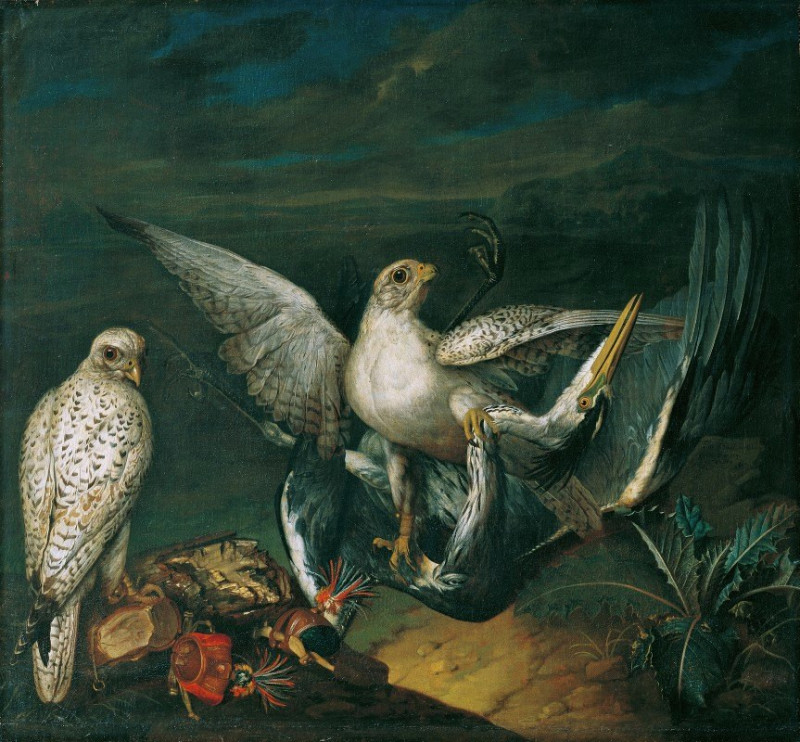 Weiße Jagdfalken Mit Einem Fischreiher (1748) reproduction of painting by Philipp Ferdinand de Hamilton. ALL GICLEE PRINTS