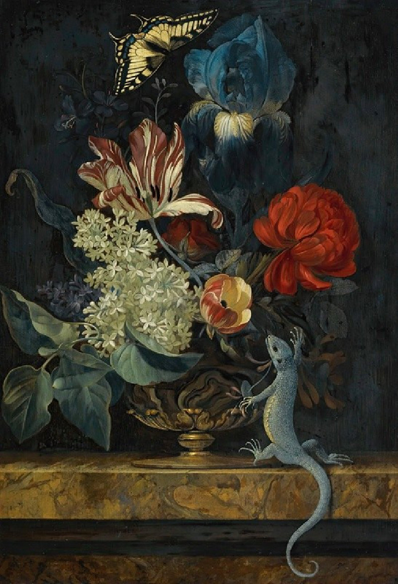 A Still Life With Tulips And Other Flowers In A Vase On A Marble Ledge, With A Lizard And A Butterfly reproduction of paintin...