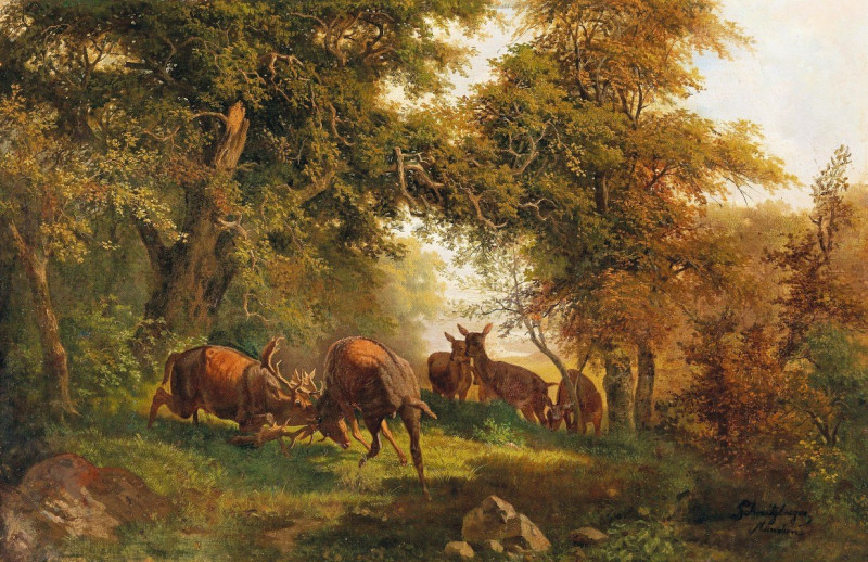 Fighting Stags reproduction of painting by Josef Schmitzberger. ALL GICLEE PRINTS