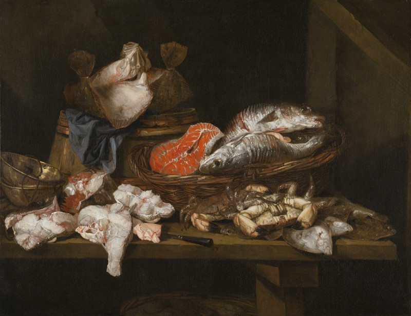 Still Life with Fish and Crustaceans (1666) reproduction of painting by Abraham van Beijeren. Still-life