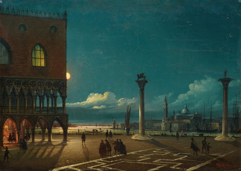 Piazza San Marco By Moonlight, Venice reproduction of painting by Giovanni Grubacs. ALL GICLEE PRINTS