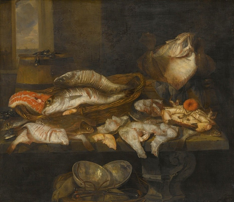 Abraham van Beijeren reprodukcija A Still Life With Salmon, Plaice, A Crab And Other Fish Arranged On A Table, A View Of The ...