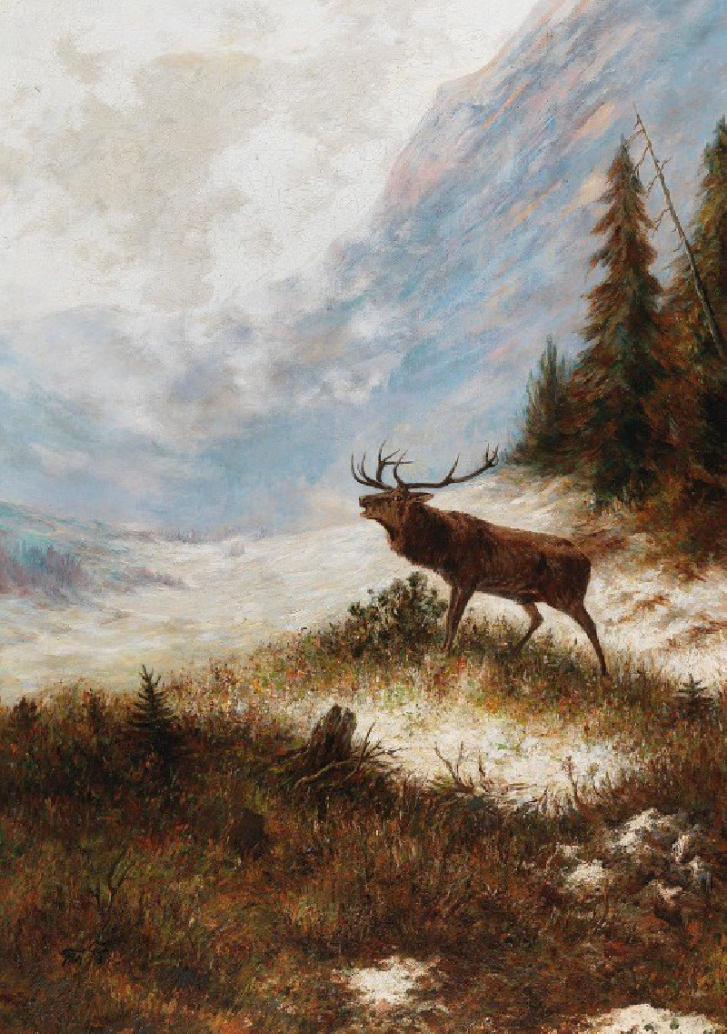 Bellowing Stag in a Winter Landscape reproduction of painting by Franz Xaver von Pausinger. ALL GICLEE PRINTS