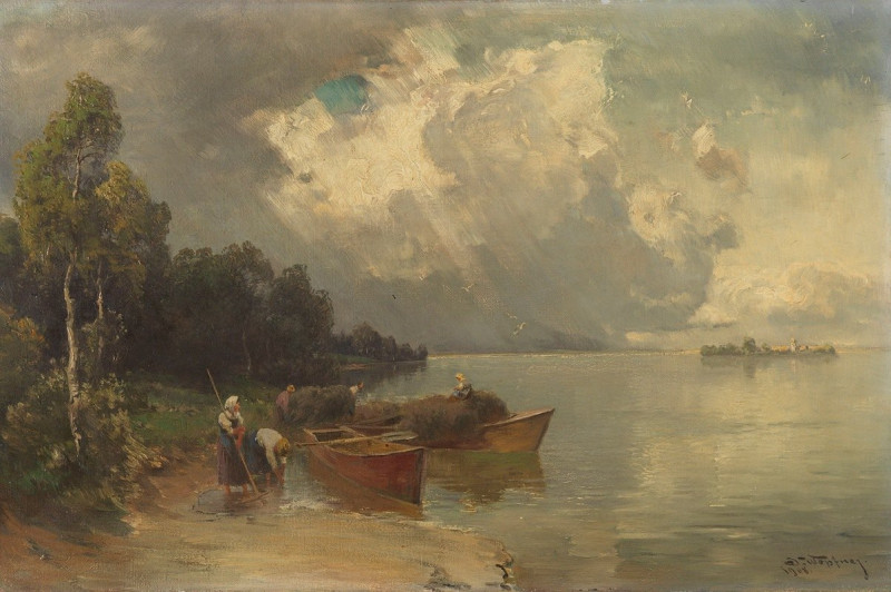 Verschiffung der Heuernte am Chiemsee mit aufziehendem Gewitter (1908) reproduction of painting by Joseph Wopfner. ALL GICLEE...