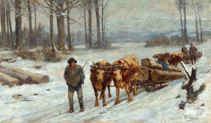 Loggers in Winter reproduction of painting by Franz Xaver von Pausinger. ALL GICLEE PRINTS