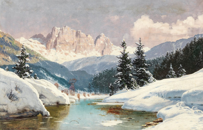 A Sunny Winter Day with a View of the Dolomites reproduction of painting by Toni Haller. ALL GICLEE PRINTS