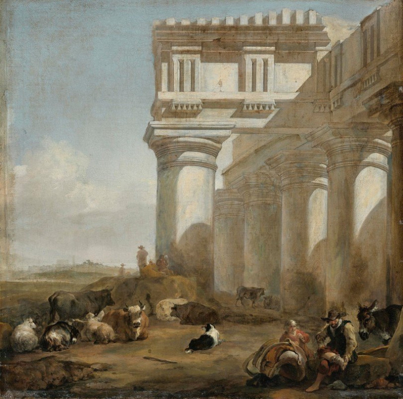 A Roman Temple With Cattle Herders reproduction of painting by Jan Baptist Weenix. ALL GICLEE PRINTS