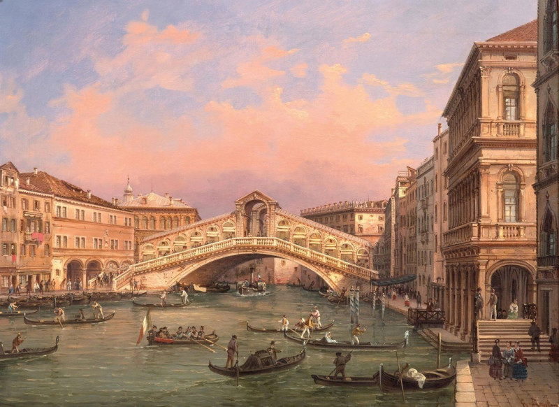 Venice, A View Of The Rialto Bridge reproduction of painting by Giovanni Grubacs. ALL GICLEE PRINTS