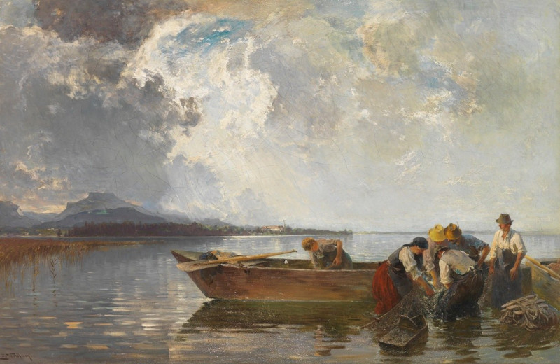 Fischerzug am Chiemsee (Ca. 1910-1915) reproduction of painting by Joseph Wopfner. ALL GICLEE PRINTS