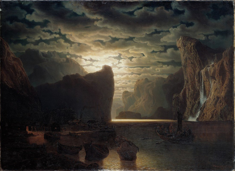 Norwegian Fjord in Moonlight (1861) reproduction of painting by Marcus Larson. ALL GICLEE PRINTS