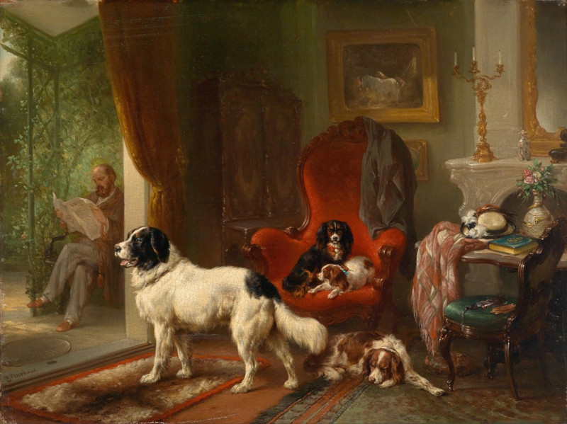 Wouterus Verschuur reprodukcija Interior with Dogs, VISOS REPRODUKCIJOS , paveikslai, reprodukcijos internetu