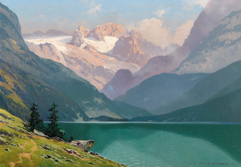 Lake Gosau with the Dachstein reproduction of painting by Toni Haller. ALL GICLEE PRINTS