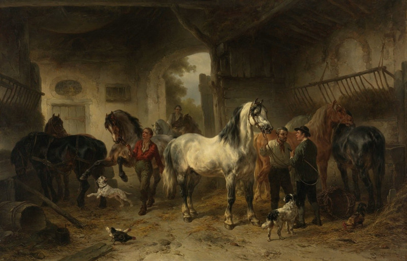 Interieur van een stal met paarden en figuren (1850 - 1874) reproduction of painting by Wouterus Verschuur. ALL GICLEE PRINTS