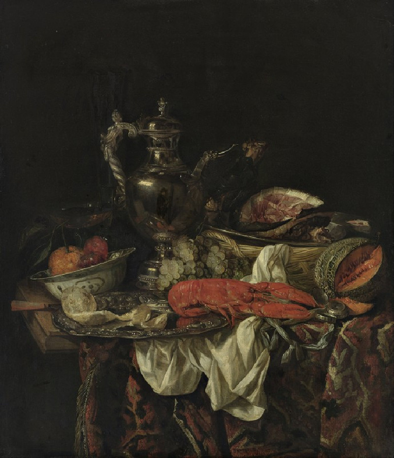 Still life with a silver pitcher (circa 1660-1665) reproduction of painting by Abraham van Beijeren. Still-life