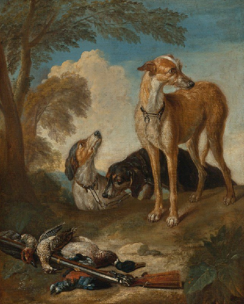 Three Hunting Dogs In A Landscape reproduction of painting by . ALL GICLEE PRINTS