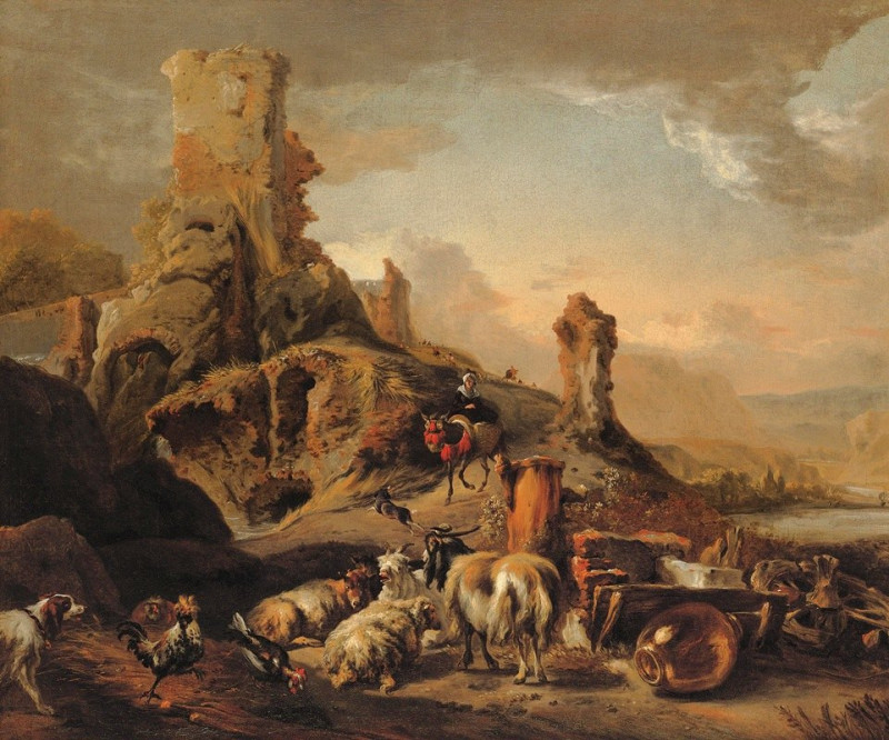 Shepherdess And Her Flock On A Path reproduction of painting by Jan Baptist Weenix. ALL GICLEE PRINTS