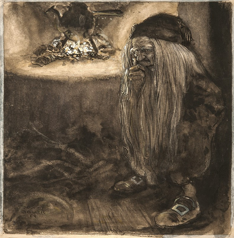 Brownie by a Fireplace (1909) reproduction of painting by John Bauer. ALL GICLEE PRINTS