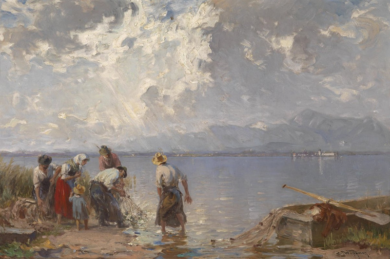 Fischerfamilie am Chiemsee reproduction of painting by Joseph Wopfner. ALL GICLEE PRINTS