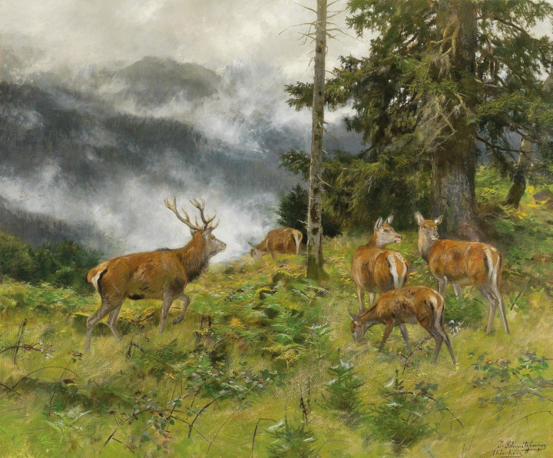 Rotwild im Morgennebel reproduction of painting by Josef Schmitzberger. ALL GICLEE PRINTS