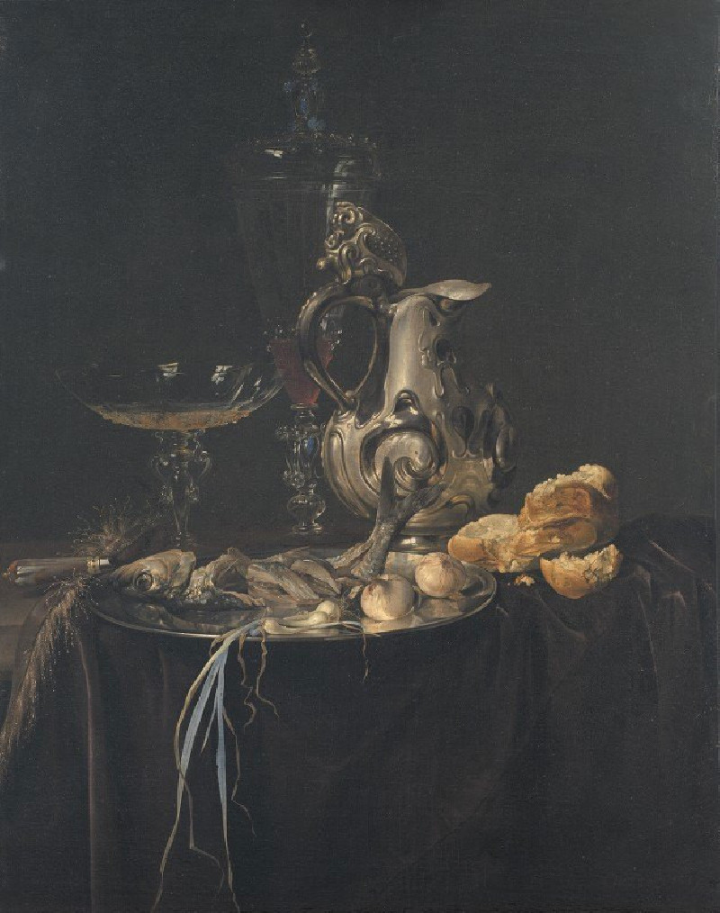 Willem van Aelst reprodukcija Still Life. Breakfast Piece With A Silver Jug (1657), Natiurmortas , paveikslai, reprodukcijos ...