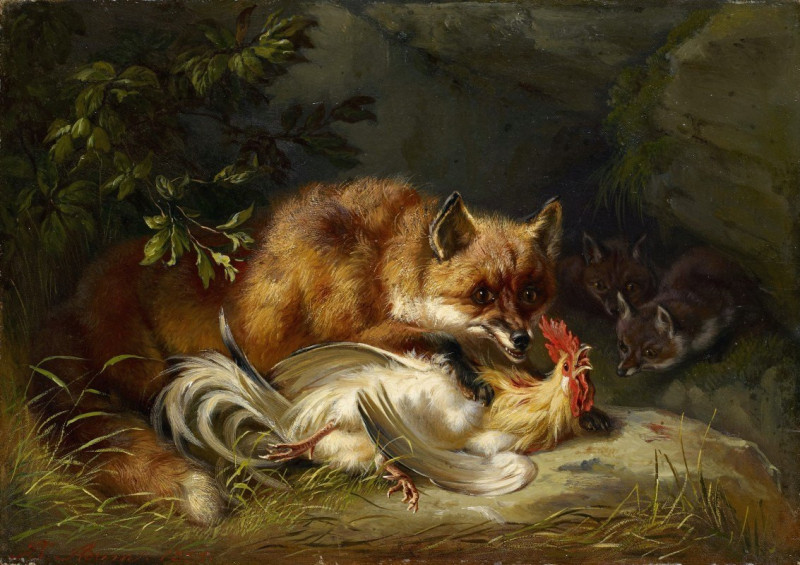 Fox Attacking a Cock (1855) reproduction of painting by Benno Raffael Adam. ALL GICLEE PRINTS