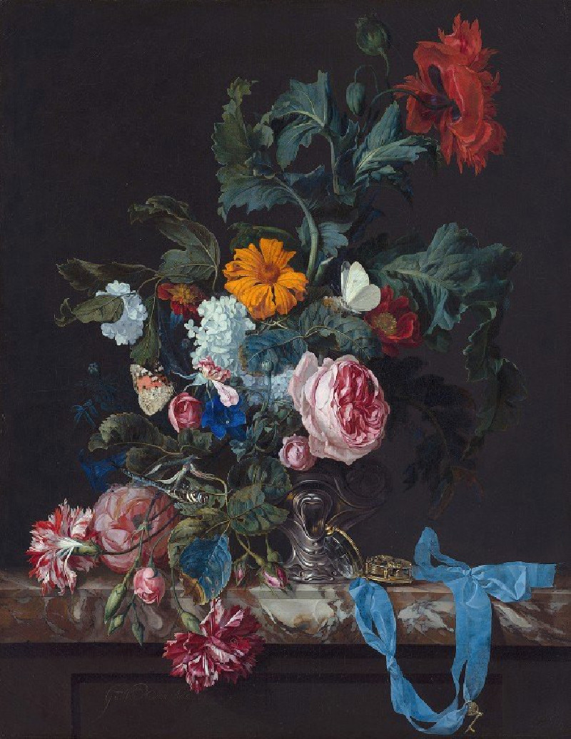 Willem van Aelst reprodukcija Flower Still Life with a Timepiece (1663), Natiurmortas , paveikslai, reprodukcijos internetu