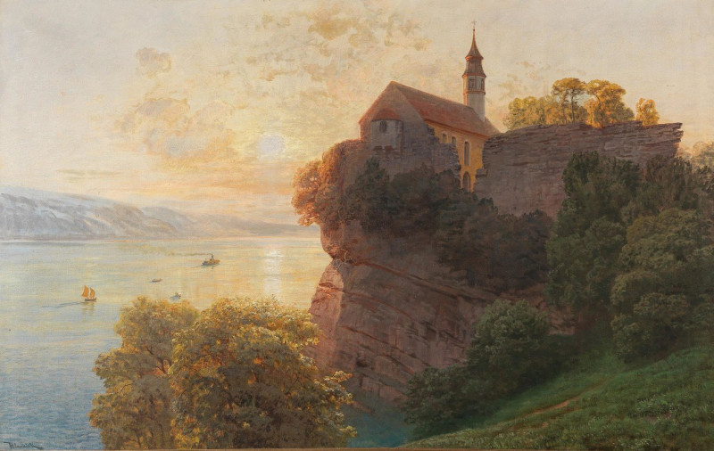 Gebhart Chapel on the Gebhartsberg near Bregenz on Lake Constance, Evening reproduction of painting by Anton Hlavacek. ALL GI...