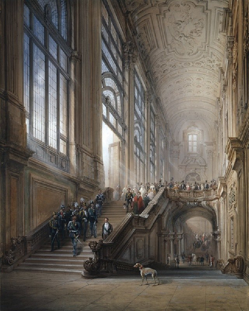 King Victor Emanuel II and Camillo Cavour at the opening of the’ Senato Subalpino’ (1853) reproduction of painting by Carlo B...