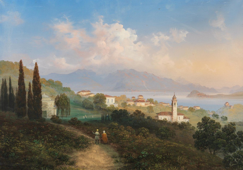 A View of Lake Como and Menaggio, with Punta di Bellagio on the Right (1847) reproduction of painting by Carlo Bossoli. ALL G...